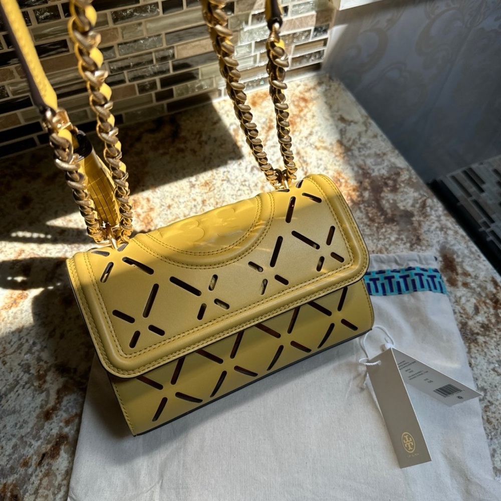 Tory Burch Yellow Quilted Shoulder Bag with Chain Strap